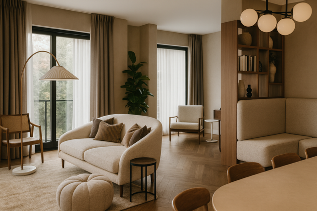 3D-visualisatie van een warme woonkamer