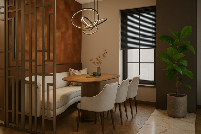 3D-visualisatie van een eetkamer met natuurlijke materialen