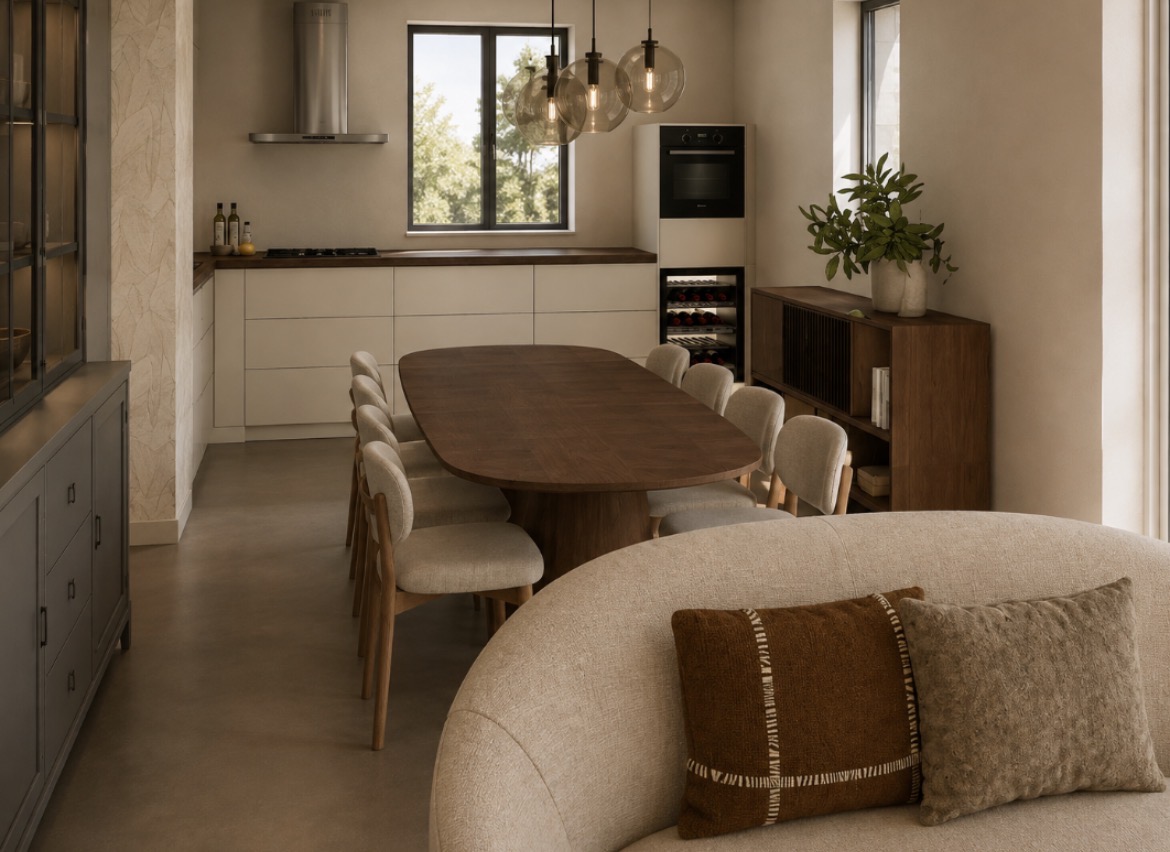 Eettafel en maatwerkmeubels in een gerealiseerd interieur